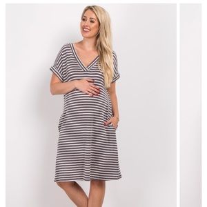 SOLD Pink Blush Charcoal Striped Maternity Dress